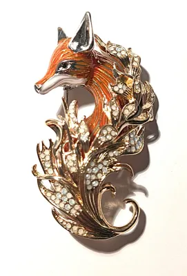 **NEW ARRIVAL** Large Enameled Jeweled ORANGE-ish FOX BROOCH 3" x 2") in a White Stones Flower Spray on a Gold Tone Setting