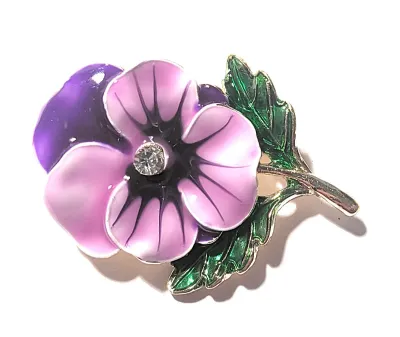 **NEW ARRIVAL** PURPLE & LAVENDER FLOWER BROOCH (1¾" x 1¼") with Green Leaves on a Gold Tone Setting