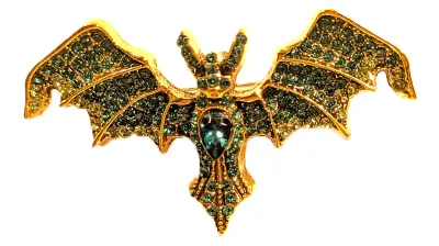 **NEW ARRIVAL** GREEN Bejeweled BAT BROOCH (2" x 1") with Out-Stretched Wings, Green Oval Center Stone and Black Eyes on a Gold...