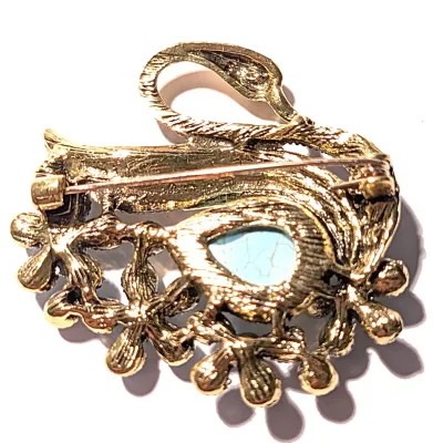 **NEW ARRIVAL** Beautiful Jeweled Crackled Teardrop TURQUISE SWAN BROOCH (1¾" x 1¾") with 2 Shades of Blue Stones, Black Eyes...