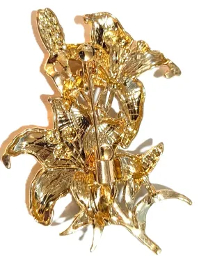 **NEW ARRIVAL** Bejeweled Enameled YELLOW FLOWERS SPRAY BROOCH (2" x 1½") with 2 Flowers, Green Jeweled Stem and Clear Stone...