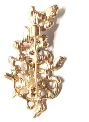 **NEW ARRIVAL** Bejeweled MULTICOLOR STONES FLOWER SPRAY BROOCH (2" x 1") with Green Enameled Leaves on a Gold Tone Setting