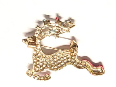 **NEW ARRIVAL** Ceramic Jeweled RED FOOTED HOLIDAY REINDEER BROOCH (1¾" x 1½") with Jeweled Antlers and Red Nose on a Gold Tone...