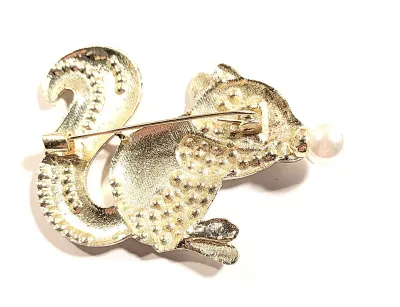 **NEW ARRIVAL** Cute Red & Blue Tail SQUIRREL BROOCH (2¼" x 1½") "Munching" on a White Faux Pearl, Black Eyes and...