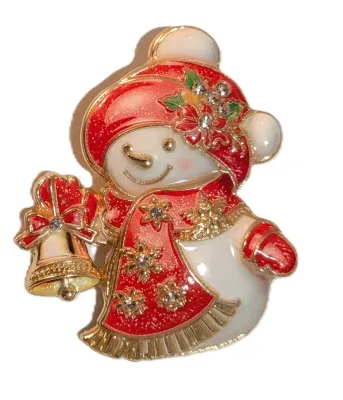 **NEW ARRIVAL** Enameled "SNOWMAN WITH BELL" BROOCH (1¾" x 1¼") with Red Hat, Scarf, Mittens and Bell on a Gold Tone...