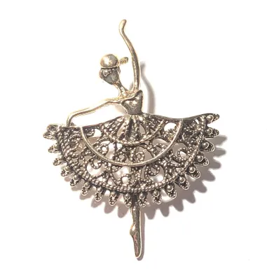 **NEW ARRIVAL** Petite Dark Gold Colored "BALLERINA" BROOCH (2" x 1½") with Filigree-Style Skirt and Arm Up on a Gold...