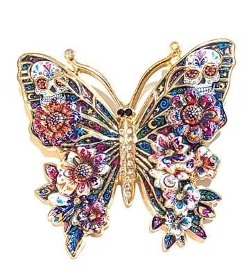 **NEW ARRIVAL** Ceramic MULTICOLOR SKULL BUTTERFLY BROOCH (2" x 2") with 2 SKULLS on the Upper Wings, Iridescent Stones Body,...