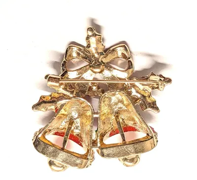 **NEW ARRIVAL** Jeweled RED & GREEN STRIPED HOLIDAY BELLS BROOCH (2" x 1¾") with Enameled Green Leaves + Red Ribbon and...