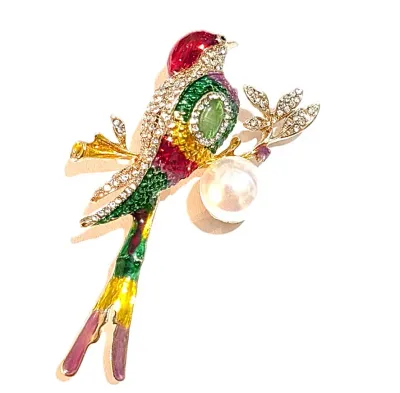 **NEW ARRIVAL** MULTICOLOR JEWELED & ENAMELED PARROT BROOCH (2¼" x 1¼") with Single White Faux Pearl Accent on a Gold Tone...