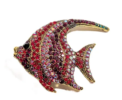 **NEW ARRIVAL** Very RED ANGELFISH BROOCH (2" x 1¾") with Rows of Red Shades of Stones, Black Eye and a Blue Fin Tip on a Gold...