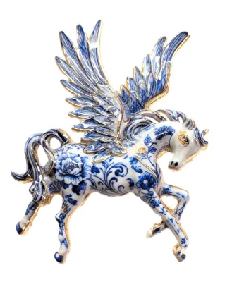 **NEW ARRIVAL** Large Ceramic BLUE & WHITE "PEGASUS" FLYING HORSE BROOCH (3" x 2") with Enameled Wings and...