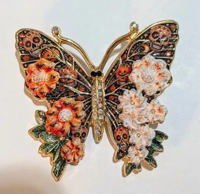 **NEW ARRIVAL** Ceramic SPLIT ORANGE & WHITE SKULL BUTTERFLY BROOCH (2" x 2") with 2 SKULLS on the Upper Wings, Iridescent...