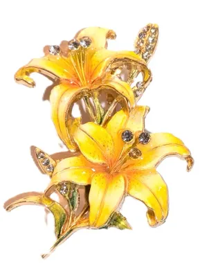 **NEW ARRIVAL** Bejeweled Enameled YELLOW FLOWERS SPRAY BROOCH (2" x 1½") with 2 Flowers, Green Jeweled Stem and Clear Stone...