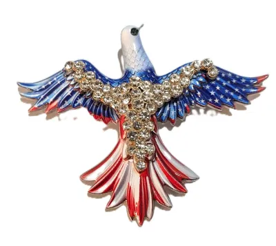 **NEW ARRIVAL** Enameled RED, WHITE & BLUE "DOVE of PEACE" BROOCH (3" x 2¼") with Jeweled Wings on a Silver Tone...