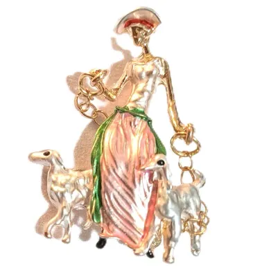 **NEW ARRIVAL** Small Enameled PINK & GREEN "Lady with 2 Dogs" BROOCH (1¾" x 1¼") with Matte Silver Colored Dogs...