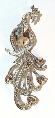 **NEW ARRIVAL** Large GREEN STONE PEACOCK BROOCH (3½" x 1¼") with Clear + Green Accent Stones, Black Eye on a Silver Tone Setting