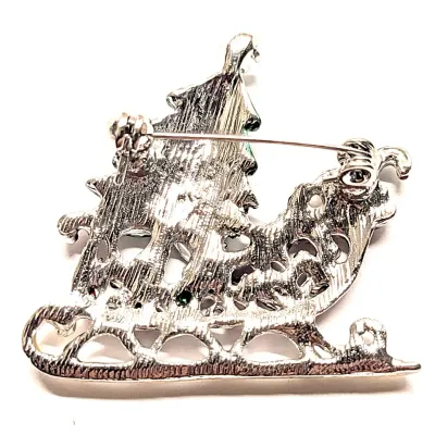 **NEW ARRIVAL** Jeweled "RED SLEIGH with HOLIDAY TREE" BROOCH (1¾" x 1½") with Toys and Gold Colored Runners on a...