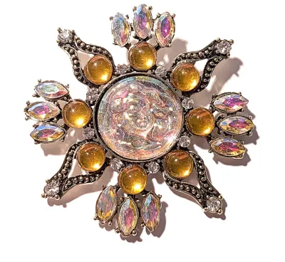 **NEW ARRIVAL** Beautiful Jeweled Large AMBER & IRIDESCENT STONES "FLOWER" BROOCH (2¾" Diam.) with Acrylic...