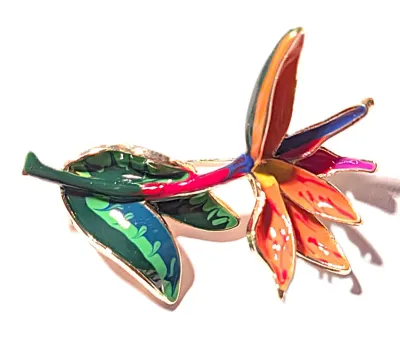 **NEW ARRIVAL** ORANGE & GREEN FLOWER BROOCH (2" x 1½") with Red and Blue Leaves on a Gold Tone Setting