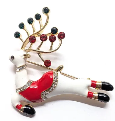 **NEW ARRIVAL** Ceramic Jeweled RED & WHITE HOLIDAY REINDEER BROOCH (2¼" x 2") with Red Saddle, Black Feet and Gold Colored...