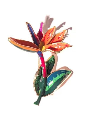 **NEW ARRIVAL** ORANGE & GREEN FLOWER BROOCH (2" x 1½") with Red and Blue Leaves on a Gold Tone Setting