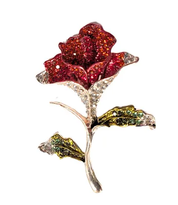 **NEW ARRIVAL** Large Bejeweled ROSE BROOCH (3" x 2") on a Silver Tone Stem, Red/Clear/Green Stones on a Silver Colored Setting