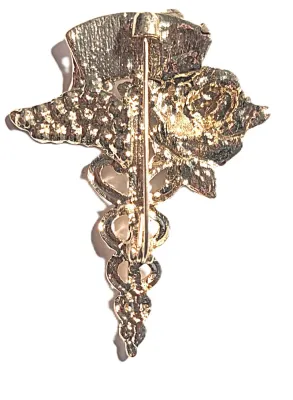 **NEW ARRIVAL** Enameled Jeweled "RED CROSS" ROSE BROOCH (2¼" x 1¾") on a Gold Tone Setting