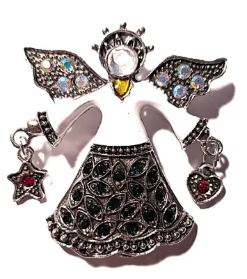 **NEW ARRIVAL** WHITE & SILVER "ANGEL" BROOCH (1¾" x 1¾") with Heart and Star Dangles, Iridescent Stone Wing +...