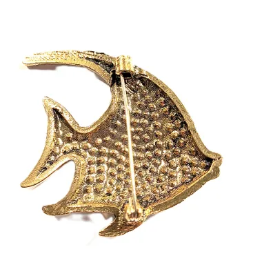 **NEW ARRIVAL** Very GREEN ANGELFISH BROOCH (2" x 1¾") with Rows of Green Shades, Black Eye and a Blue Fin Tip on a Gold Tone...