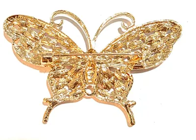 **NEW ARRIVAL** Jeweled CLEAR Marquise-Cut & Round RED Stones BUTTERFLY BROOCH (2½" x 1¾") with Gold Colored...