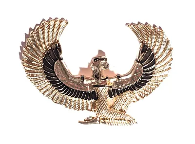 **NEW ARRIVAL** Large Gold & Black Colored PHAROAH-STYLE BROOCH (3" x 2") with Fan Wings on a Gold Tone Setting