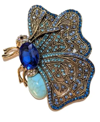 **NEW ARRIVAL** Beautiful Large Bejeweled Side-View TURQUISE & BLUE STONES BUTTERFLY BROOCH (3" x 2½") on a...