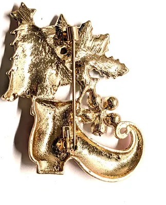 **NEW ARRIVAL** Ceramic RED Enameled SHOE HOLIDAY BROOCH (1¾" x 1¾") with White & Green Tree, Jeweled Star and Green...