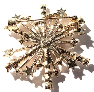 **NEW ARRIVAL** Jeweled GOLD COLORED Circle SNOWFLAKE BROOCH (1¾" Diam.) with Baguettes and Round Clear Accent Stones on a Gold Tone...