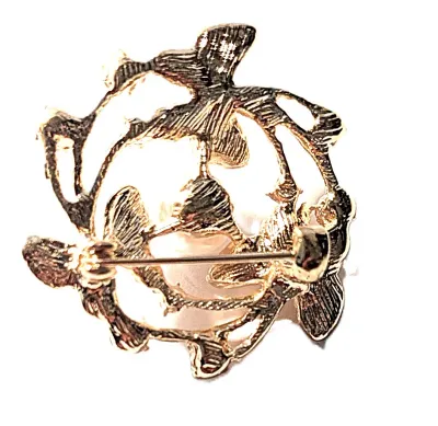 **NEW ARRIVAL** Bejeweled 3 BUTTERFLIES CIRCLE BROOCH (1½" Diam.) with Single Faux Pearl and Jeweled Butterflies on a Gold Tone Setting
