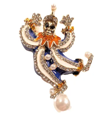 **NEW ARRIVAL** BLUE & WHITE Jeweled CLOWN JESTER BROOCH (1½" x 1") with Orange Collar, Green Eyes and Faux Pearl Accents...
