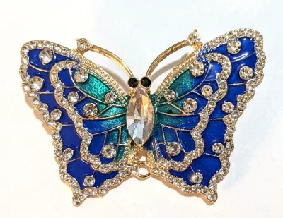 **NEW ARRIVAL** Enameled and Jeweled AQUAMARINE & BLUE BUTTERFLY BROOCH (2½" x 1¾") with Clear Accents Stones and Black...