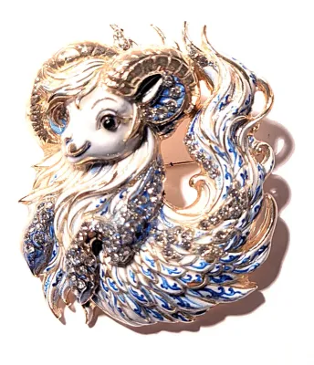 **NEW ARRIVAL** BLUE CERAMIC "FEATHERY" HORNED SHEEP BROOCH (1¾" x 1½") on a Gold Tone Setting
