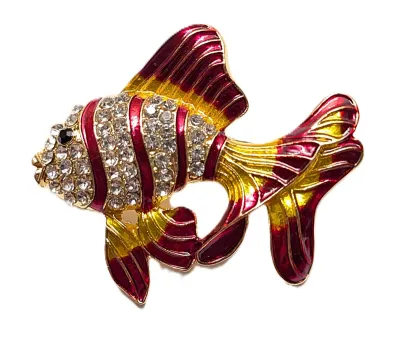 **NEW ARRIVAL** RED STRIPED Enameled "FLOWING FINS" FISH BROOCH (2" x 1¾") with Red and Gold Fins, Black Eye +...