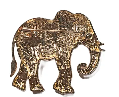 **NEW ARRIVAL** Jeweled Enameled ORANGE & BLUE ELEPHANT BROOCH (2" x 1¾") with Body Flowers and Stones, Black Eye, Gold...