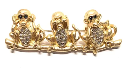 **NEW ARRIVAL** Interesting Large Jeweled Gold Colored "SMART MONKEYS" BROOCH (3½" x 1") -"See No Evil; Hear No...