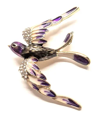 **NEW ARRIVAL** Jeweled Enameled PURPLE "SWIFT-STYLE BIRD BROOCH (2" x 1½") with Jeweled Body + Purple & White Wings...