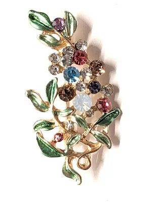 **NEW ARRIVAL** Bejeweled MULTICOLOR STONES FLOWER SPRAY BROOCH (2" x 1") with Green Enameled Leaves on a Gold Tone Setting