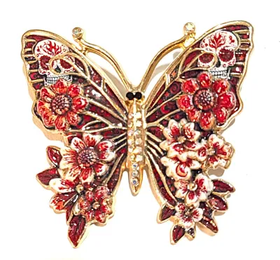 **NEW ARRIVAL** Ceramic RED & WHITE SKULL BUTTERFLY BROOCH (2" x 2") with 2 SKULLS on the Upper Wings, Iridescent Stones...