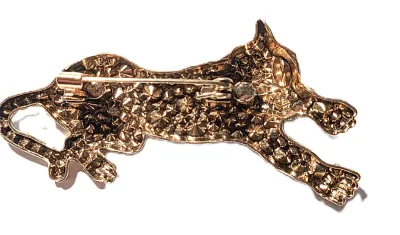 **NEW ARRIVAL** BLUE EXOTIC CAT BROOCH (2¾" x 1½") with Spotted Iridescent Stones, Black Eyes and Gold Paws on a Gold Tone Setting