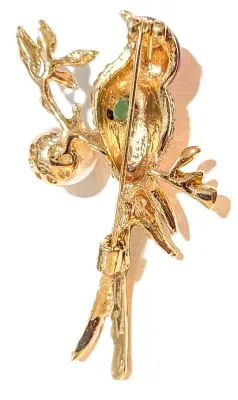 **NEW ARRIVAL** MULTICOLOR JEWELED & ENAMELED PARROT BROOCH (2¼" x 1¼") with Single White Faux Pearl Accent on a Gold Tone...
