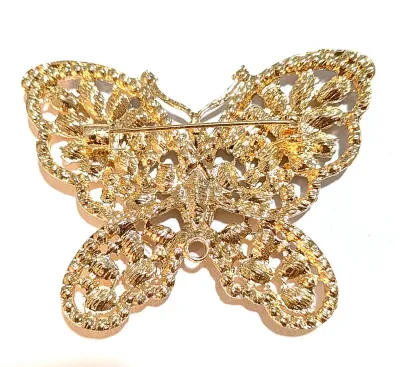 **NEW ARRIVAL** Jeweled VERY AMBER COLORED STONES BUTTERFLY BROOCH (2½" x 2") with Clear Stone Edging on a Gold Tone Setting