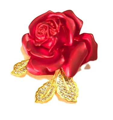 **NEW ARRIVAL** Metal RED ROSE BROOCH (1¾" x 1") with Jeweled Gold Colored Leaves on a Gold Tone Setting