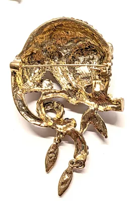 **NEW ARRIVAL** Large Jeweled MONKEY BROOCH (3¾" x 2") with Amber, Green and Red Body Stones, Black Eyes + Green Leaf DANGLES...