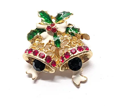 **NEW ARRIVAL** Small Jeweled HOLIDAY BELLS BROOCH (1" x 1") with Red & Green Stones, Enameled Green and White + Ribbons on...